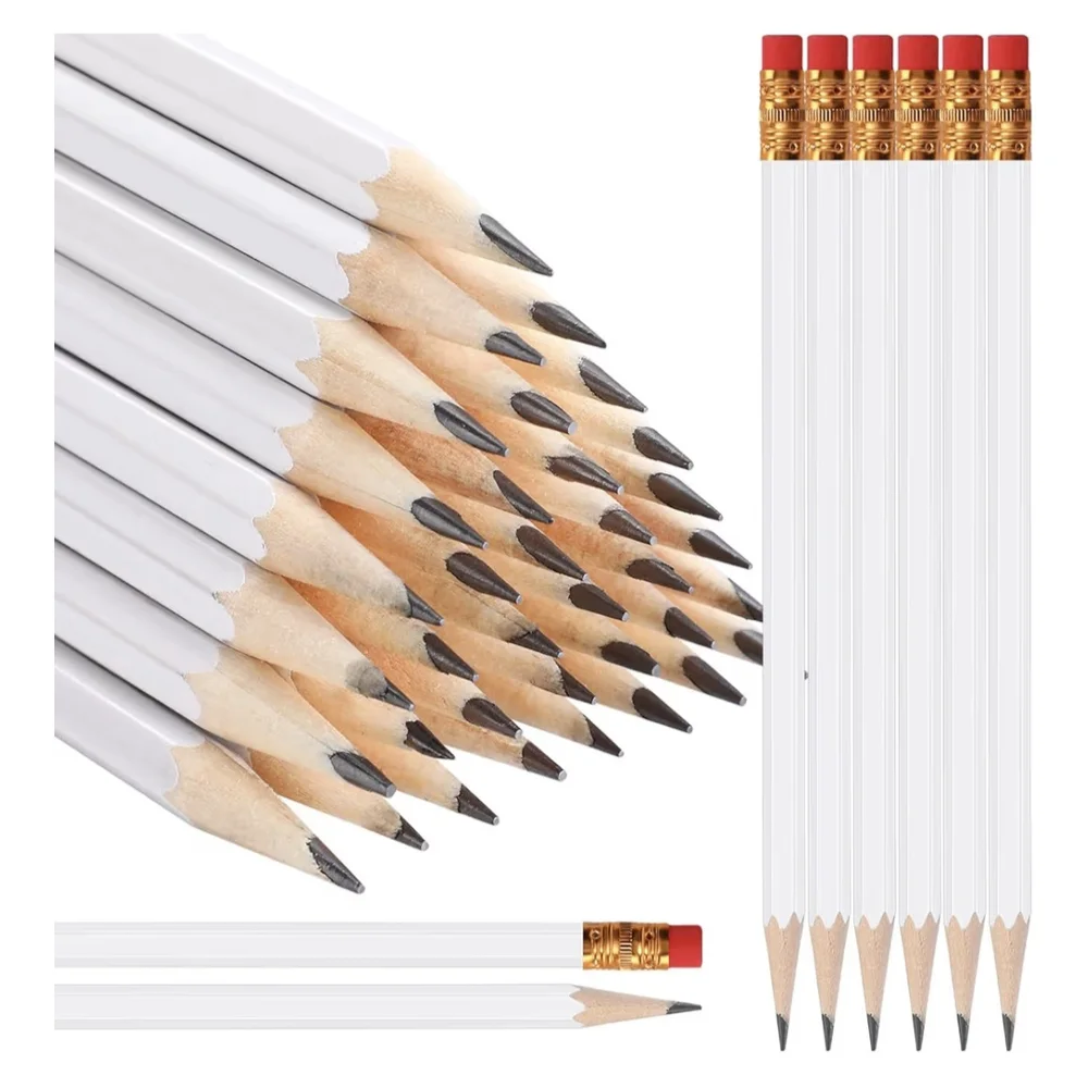 60 Pieces White Wood Pencil with Gold Ferrule and Red Eraser
